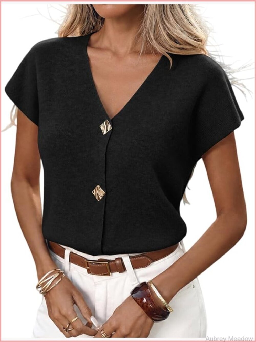 Short Sleeve Office Cardigan Sweater Button Down V Neck Slim Fit Knit Top